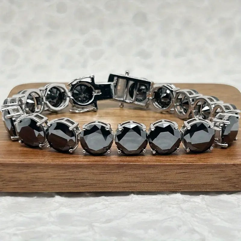 Preppy Style S925 Sterling Silver Bracelet With 85.0 Carat Black Moissanite Gems, 18K Gold Plated Link Chain, Luxurious 5.0 Carats Each Stone, Unisex Gift For