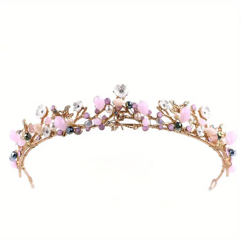 Pink Bridal Tiara Headband with Floral Gemstone Accents & Golden-Tone Metalwork - Elegant Wedding Hair Accessories for Brides, Prom, Special Occasions, Bride Accessories, Prom Hairpiece, Delicate Craftsmanship