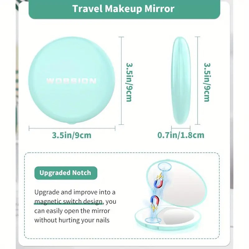 LED Lighted Travel Makeup Mirror, 1x/ 10x Magnification, Compact, Portable for Handbag, Purse, Pocket, 3. 5 inch Illuminated, Folding, Handheld, 2- Sided, Round, Cyan, Pocket Mirror,