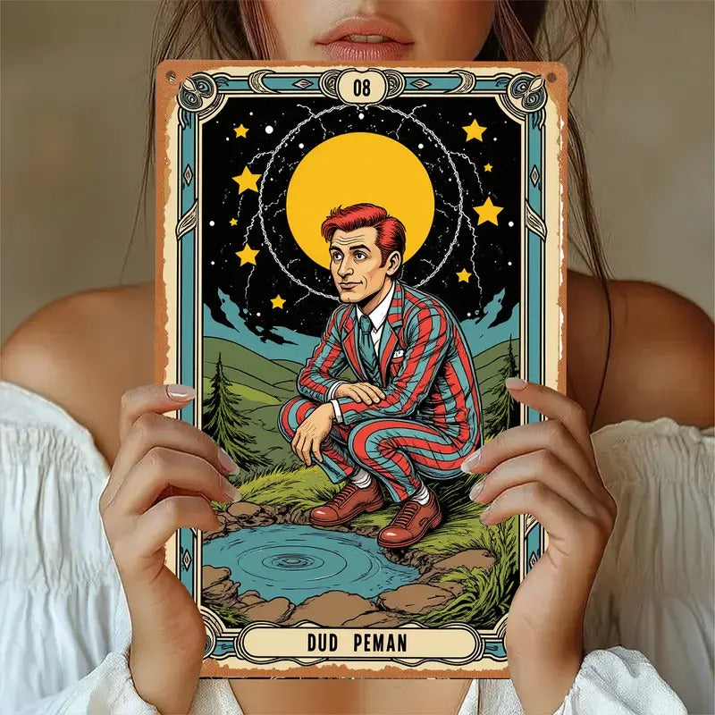 2D Flat, 1pc Dud Peman Tarot Illustration Aluminum Metal Wall Art - 8x12 Inch Mystical Night Sky Scene with Stars, Moon & Lake - Indoor/Outdoor Hanging Decorative Plaque for Home, Office, Cafe Decor, Mystical Wall Decor