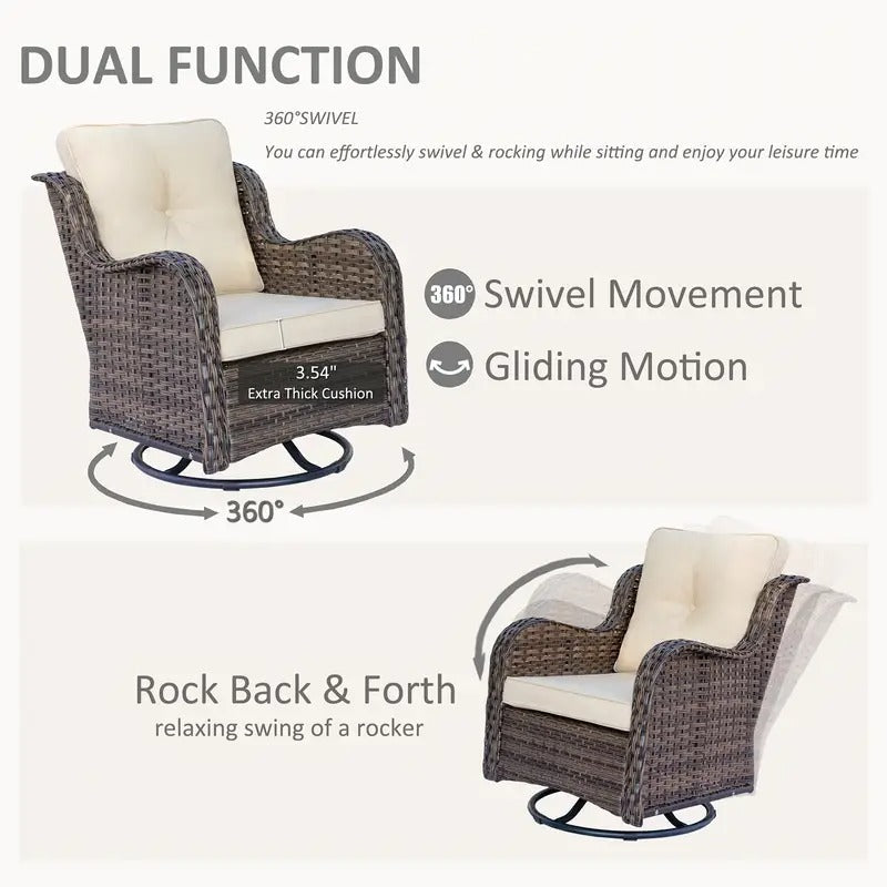A Set Of 9 Wicker Patio Outdoor Single Chairs&360° Swivel Rocking Chairs, High-backrest Sofa, Multi-functional Ottomans, Tempered Glass Small Side Table, High-quality Brown Wicker With Beige Cushions, Ideal Choice