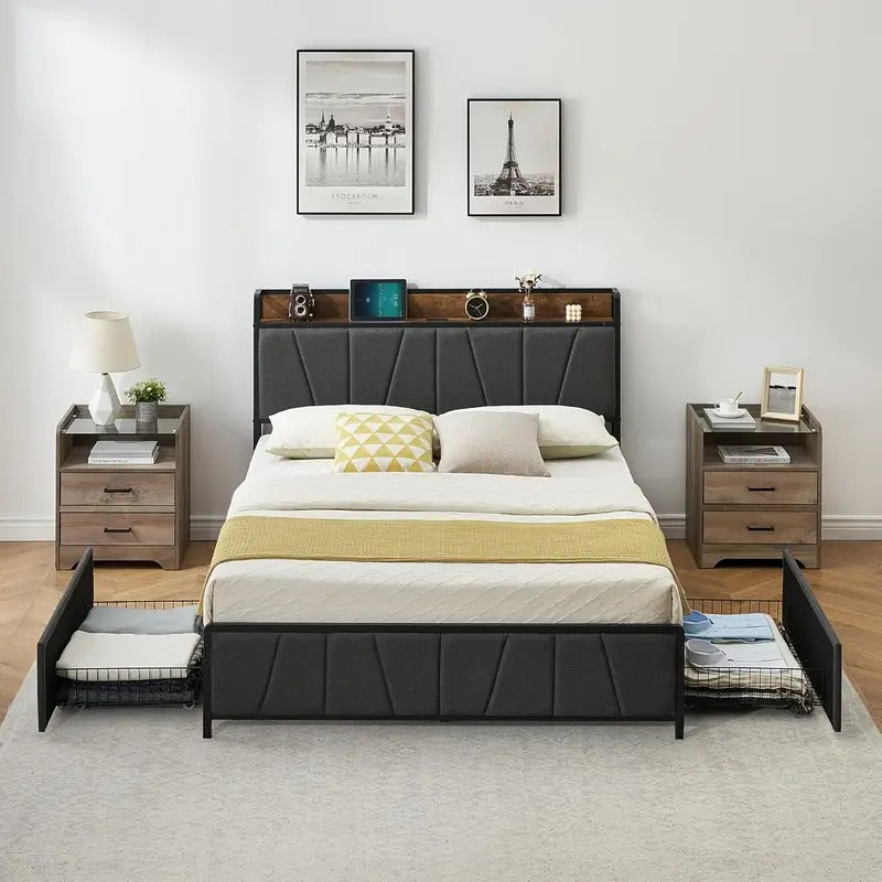 Full Size Bed Frame with 2 Storage Drawers, Linen Upholstered Platform Bed Frame with Storage Headboard And Charging Station, Heavy Duty, Easy to Assemble, No Box Spring Needed