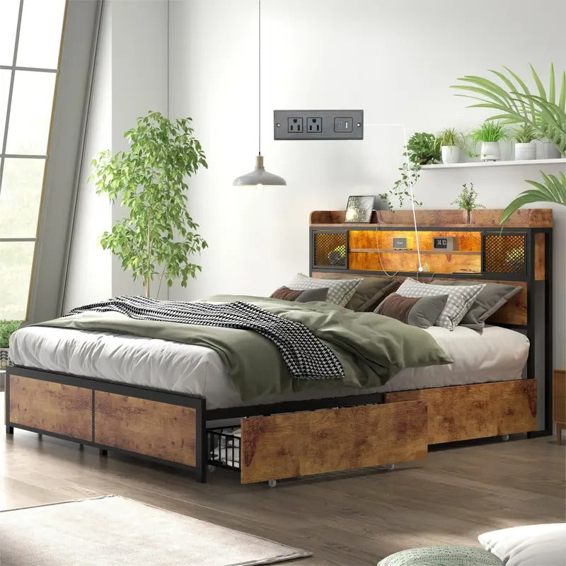 Queen Bed with 4 Storage Drawers, Queen Size Bed Frame with 3-Tier Storage Headboard, No Box Spring Needed