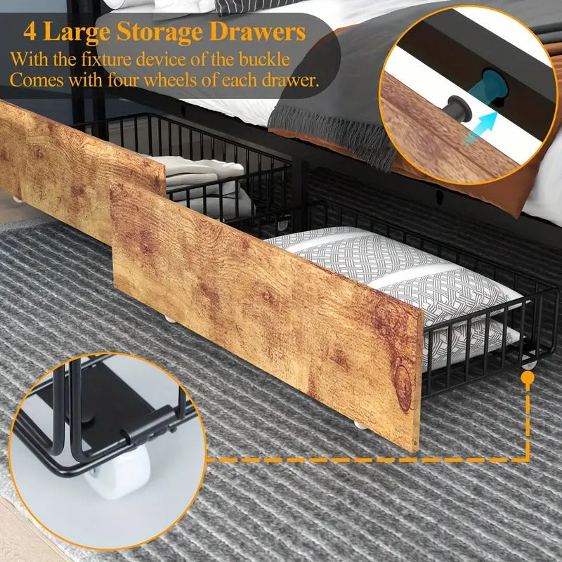 Queen Bed with 4 Storage Drawers, Queen Size Bed Frame with 3-Tier Storage Headboard, No Box Spring Needed
