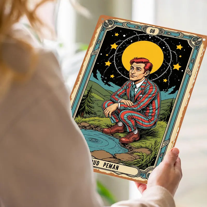 2D Flat, 1pc Dud Peman Tarot Illustration Aluminum Metal Wall Art - 8x12 Inch Mystical Night Sky Scene with Stars, Moon & Lake - Indoor/Outdoor Hanging Decorative Plaque for Home, Office, Cafe Decor, Mystical Wall Decor