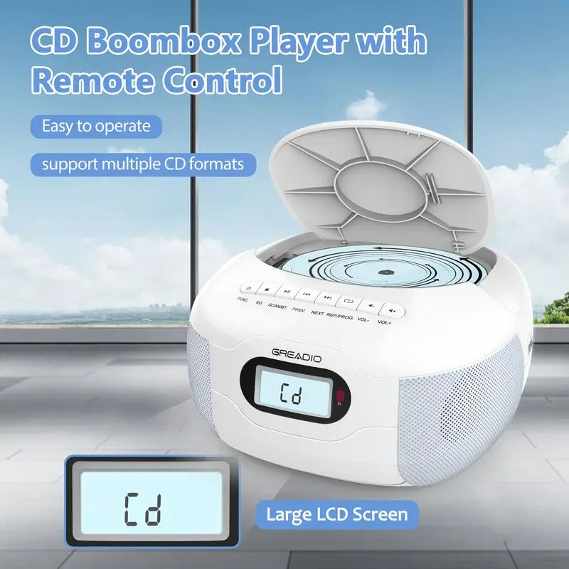 Portable FM Radio Boombox CD Player with LCD Display, Wireless, CD-R/RW Compatible, TF/USB/AUX Inputs, Headphone Jack & Loud Sound - Durable ABS Construction for Home, Seniors, Travel
