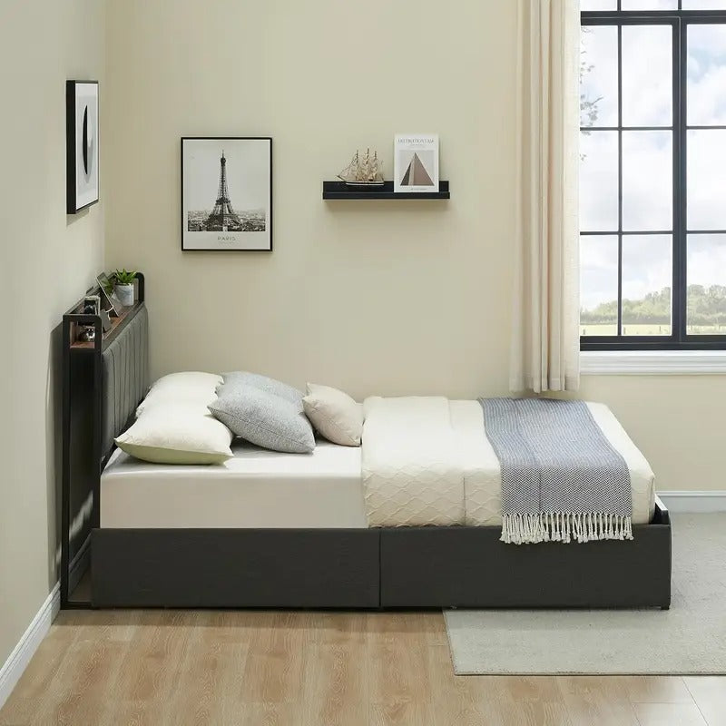 Full Size Bed Frame with 2 Storage Drawers, Linen Upholstered Platform Bed Frame with Storage Headboard And Charging Station, Heavy Duty, Easy to Assemble, No Box Spring Needed
