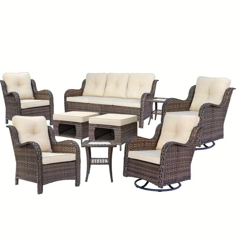 A Set Of 9 Wicker Patio Outdoor Single Chairs&360° Swivel Rocking Chairs, High-backrest Sofa, Multi-functional Ottomans, Tempered Glass Small Side Table, High-quality Brown Wicker With Beige Cushions, Ideal Choice
