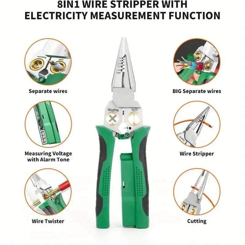 8-in-1 Wire Crimper Stripper with Voltage Detector & Dual Alarms - Heavy Duty 12-250V AC/DC Tester for Hot/Neutral Wires - Electrician, HVAC, Car Repair Tool (Green), Wire Stripping Tool, Electrician Essentials, Ergonomic Design, Robust Construction