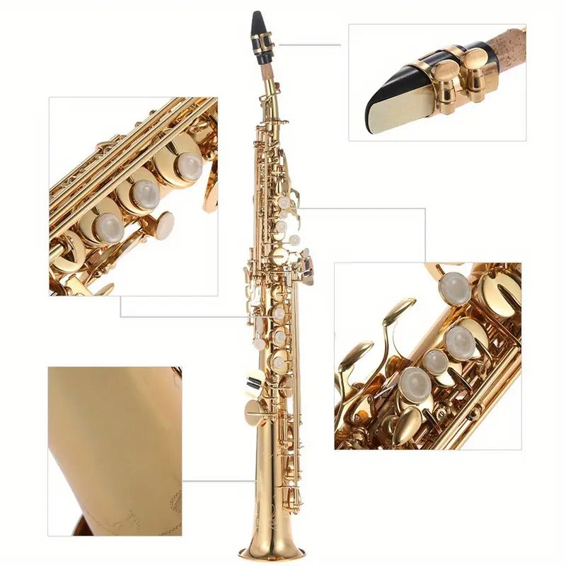 Brass Straight Soprano Saxophone Bb B Flat - Premium Yellow Brass, Natural Shell Keys, Carved Pattern, Includes Carrying Case, Gloves, Cleaning Cloth, Straps & Cleaning Rod