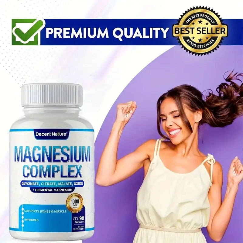 Magnesium Complex 7 Elemental Magnesium Supplement 1000mg - 7-Form Magnesium (Glycinate, Citrate, Malate, Taurate, Oxide, Aspartate, Orotate) With Vitamin C - High Absorption - 90 Capsules