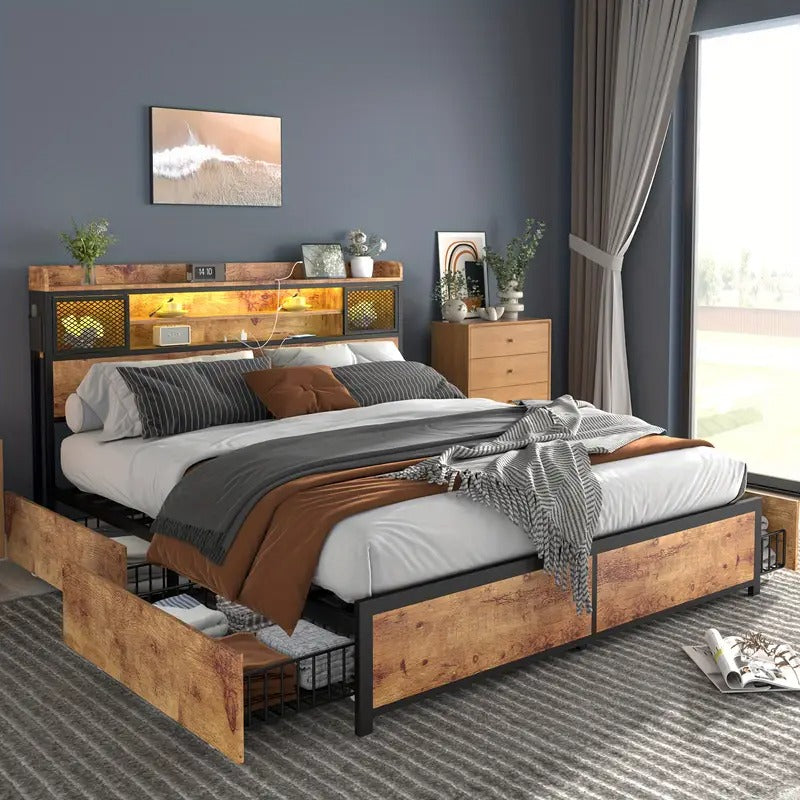 Queen Bed with 4 Storage Drawers, Queen Size Bed Frame with 3-Tier Storage Headboard, No Box Spring Needed
