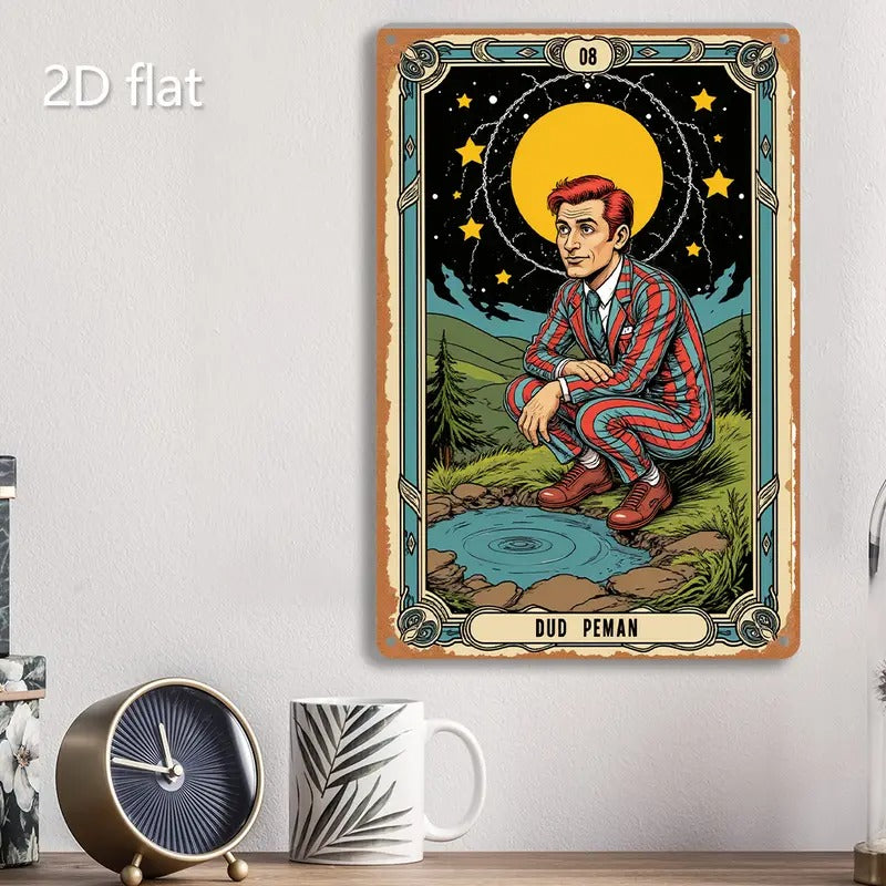 2D Flat, 1pc Dud Peman Tarot Illustration Aluminum Metal Wall Art - 8x12 Inch Mystical Night Sky Scene with Stars, Moon & Lake - Indoor/Outdoor Hanging Decorative Plaque for Home, Office, Cafe Decor, Mystical Wall Decor
