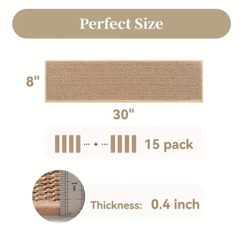15pcs Beige Stair Step 8x30 Inch Non-Slip Rubber Bottom Thickened Design Suitable for Wooden Floors/Tile Steps Machine Washable Woven Fabric Ideal for Youngsters, Pets, and Seniors Indoor/Outdoor Use
