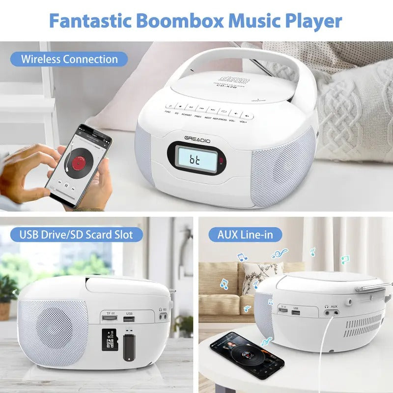 Portable FM Radio Boombox CD Player with LCD Display, Wireless, CD-R/RW Compatible, TF/USB/AUX Inputs, Headphone Jack & Loud Sound - Durable ABS Construction for Home, Seniors, Travel