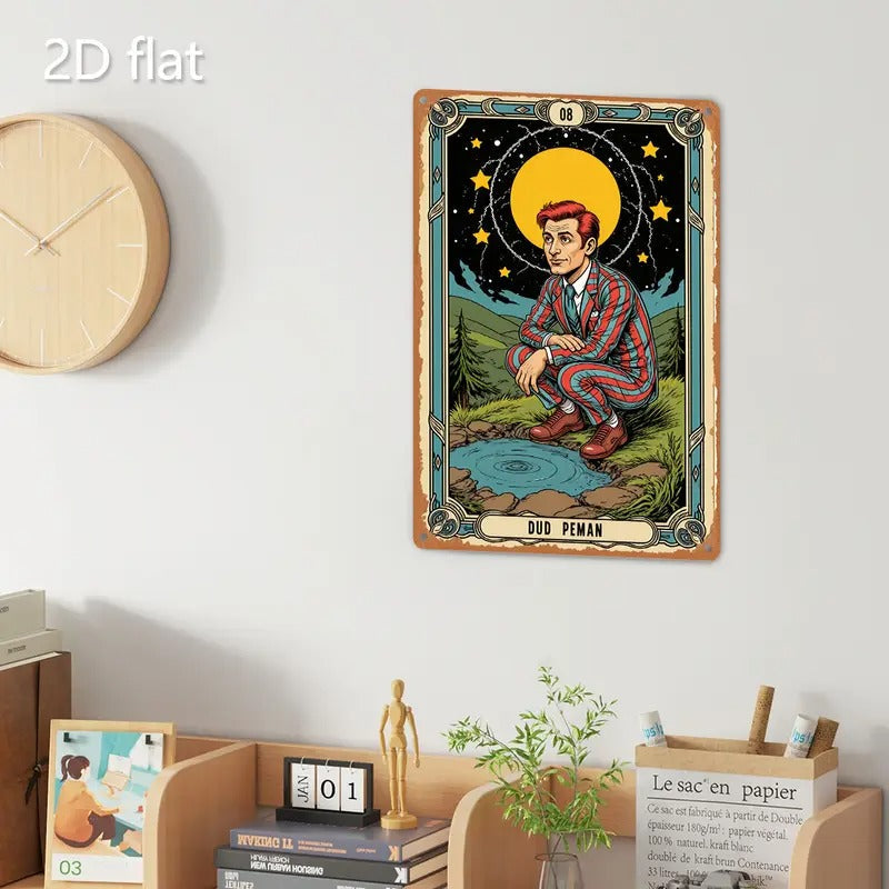 2D Flat, 1pc Dud Peman Tarot Illustration Aluminum Metal Wall Art - 8x12 Inch Mystical Night Sky Scene with Stars, Moon & Lake - Indoor/Outdoor Hanging Decorative Plaque for Home, Office, Cafe Decor, Mystical Wall Decor