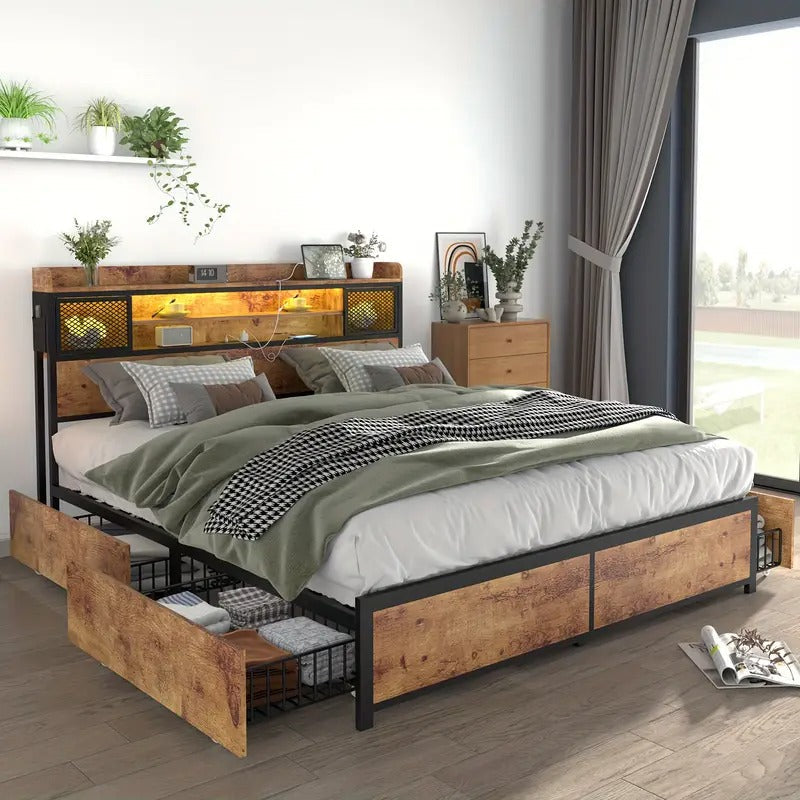 Queen Bed with 4 Storage Drawers, Queen Size Bed Frame with 3-Tier Storage Headboard, No Box Spring Needed