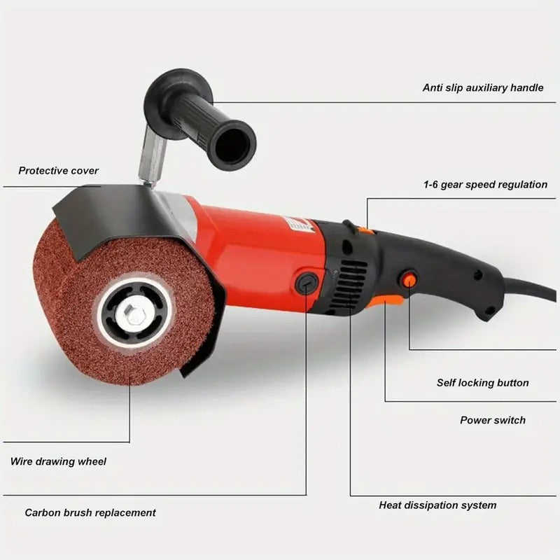 Electric Drum Sander Polisher 1400W 6 Gear Adjustable Speed Wire Drawing Machine with 3 Wheels