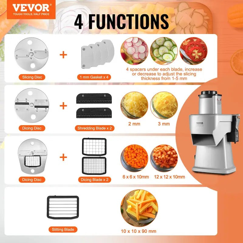 VEVOR Electric Vegetable Slicer, 4 in 1 Multifunctional Food Cutter, 200W Vegetable Chopper for Slicing Shredding Dicing and Slitting, with Cut-Resistant Gloves, for Commercial and Home Use