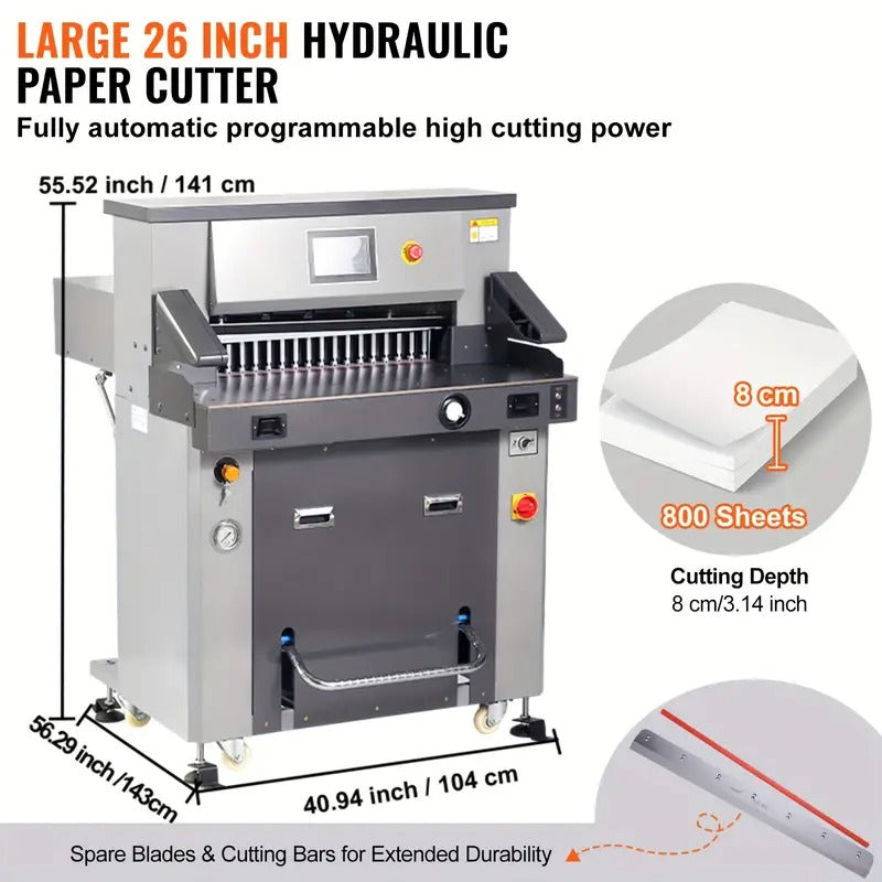 Heavy Duty Electric Hydraulic Paper Cutter, 26" Cutting Width, 3.14" Thickness, 110V with 7" Touchscreen Numerical Control – Durable Metal Construction for Precision Paper Trimming,