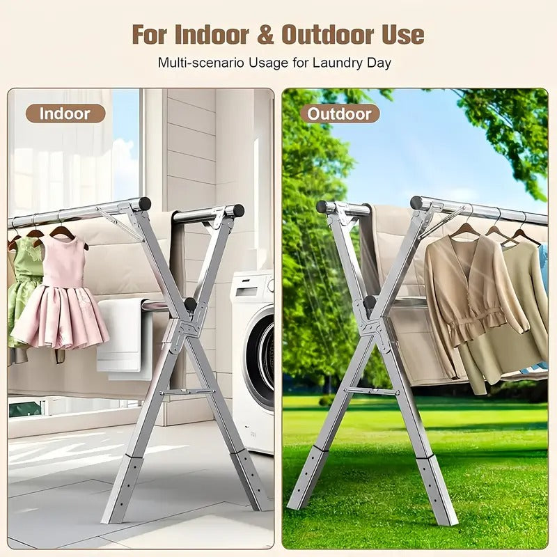 [Space-Saving Drying Rack] Foldable Adjustable Three Rod Metal Clothes Drying Rack | Space-Saving Storage for Indoor & Outdoor Use - Clothes, Blankets, Bedding, Mother's Day