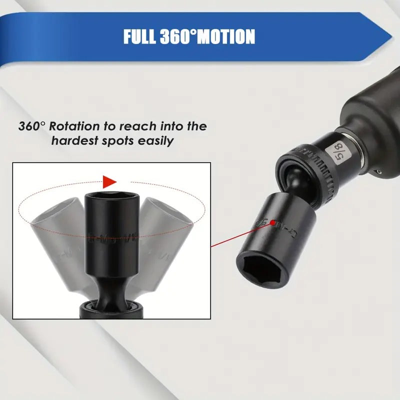 12pcs 3/8"Drive Deep Impact Universal Joint Swivel Socket Set, SAE, 5/16", 3/8", 7/16", 1/2", 9/16", 5/8", 11/16", 3/4", 13/16", 7/8", 15/16", 1", Deep, Flexible Wobble, CR-MO, Impact Grade, With A Durable Storage Case