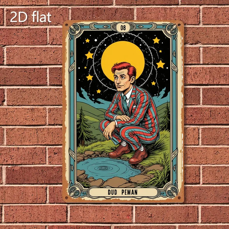 2D Flat, 1pc Dud Peman Tarot Illustration Aluminum Metal Wall Art - 8x12 Inch Mystical Night Sky Scene with Stars, Moon & Lake - Indoor/Outdoor Hanging Decorative Plaque for Home, Office, Cafe Decor, Mystical Wall Decor