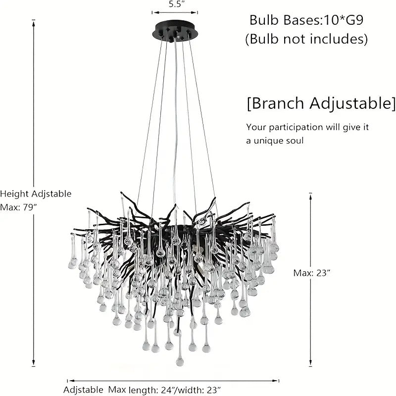 Black Crystal Chandelier, Modern Ceiling Chandelier, Flower Hanging Lighting, Frost Branch Raindrop Chandelier, Suitable for Dining Rooms, Living Rooms, Bedrooms, Entrances (24 Inch Round, G9 * 10)