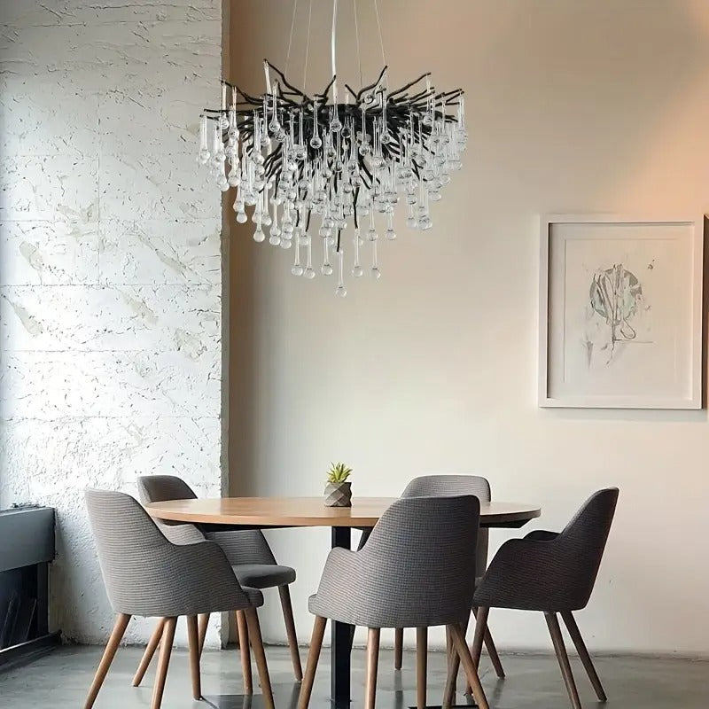 Black Crystal Chandelier, Modern Ceiling Chandelier, Flower Hanging Lighting, Frost Branch Raindrop Chandelier, Suitable for Dining Rooms, Living Rooms, Bedrooms, Entrances (24 Inch Round, G9 * 10)