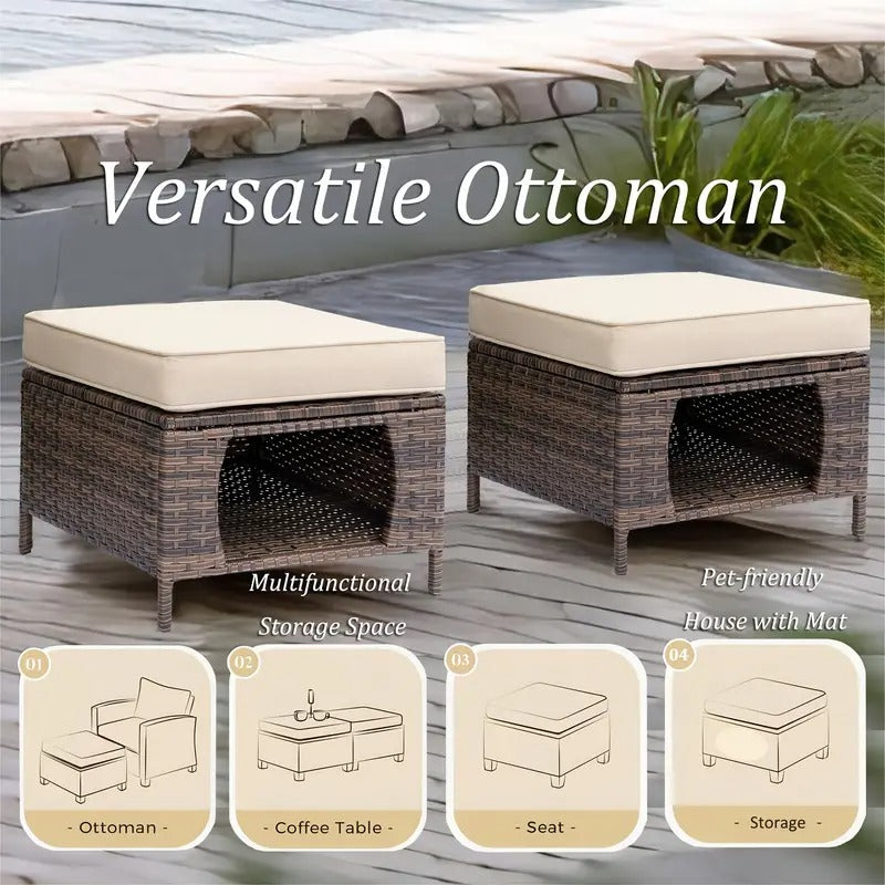 A Set Of 9 Wicker Patio Outdoor Single Chairs&360° Swivel Rocking Chairs, High-backrest Sofa, Multi-functional Ottomans, Tempered Glass Small Side Table, High-quality Brown Wicker With Beige Cushions, Ideal Choice