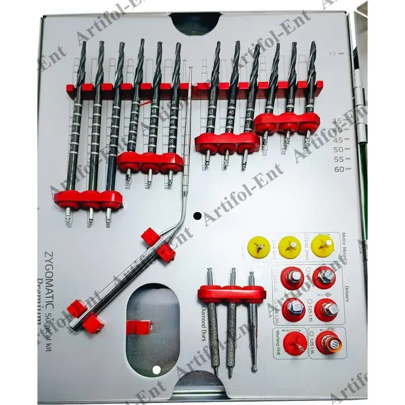 ARTIFOL 26 Pcs Implant Premium Zygomatic Set for Implant Socket Preparation Black Titanium Coated Step Drills with Depth Probe, Motor Mount, Drivers and Ratchet Wrench Zygo Kit ‎