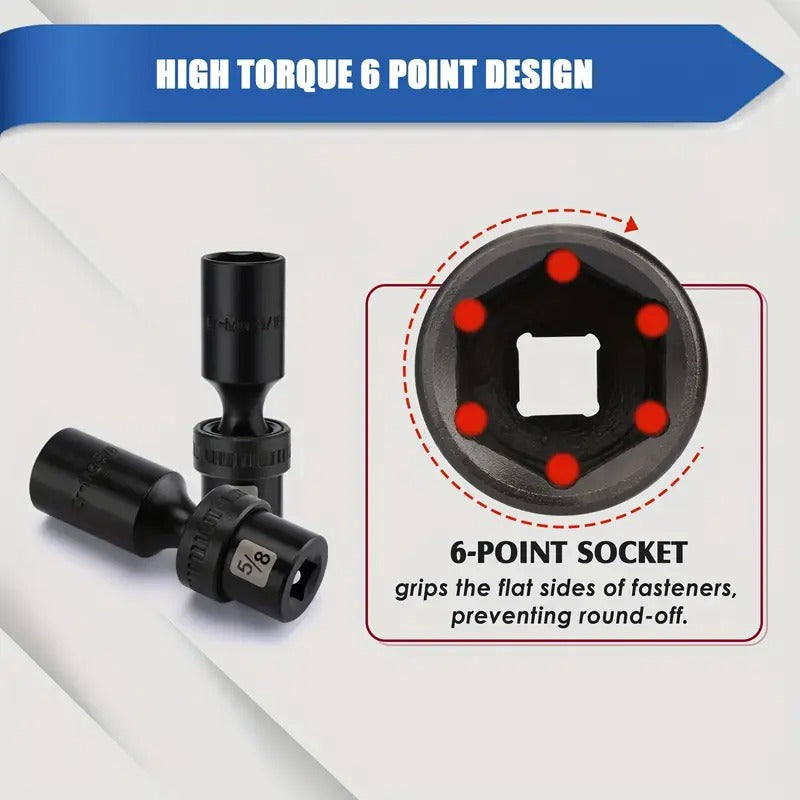 12pcs 3/8"Drive Deep Impact Universal Joint Swivel Socket Set, SAE, 5/16", 3/8", 7/16", 1/2", 9/16", 5/8", 11/16", 3/4", 13/16", 7/8", 15/16", 1", Deep, Flexible Wobble, CR-MO, Impact Grade, With A Durable Storage Case