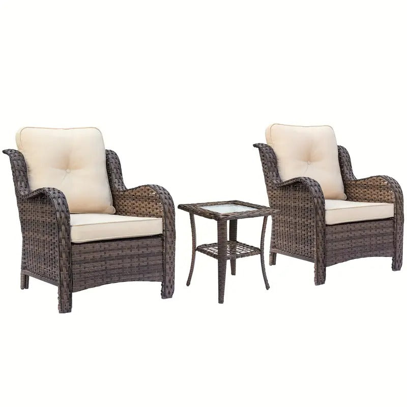 3pcs Artificial Wicker Single Chair, Outdoor Patio Furniture Set, UV Protection, With Small Side Table, Chunky Comfortable
