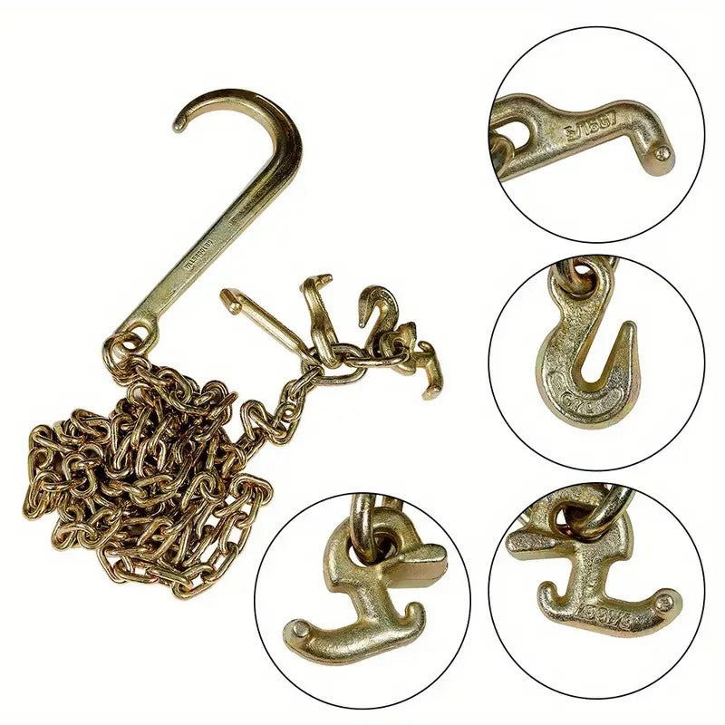 [10ft Heavy-Duty Tow Chains] Heavy-Duty G70 Tow Chains 10ft - 5/16" with J Hooks, Long Shank & Grab Hook for Flatbed Trucks and Wreckers - Golden Zinc Finish