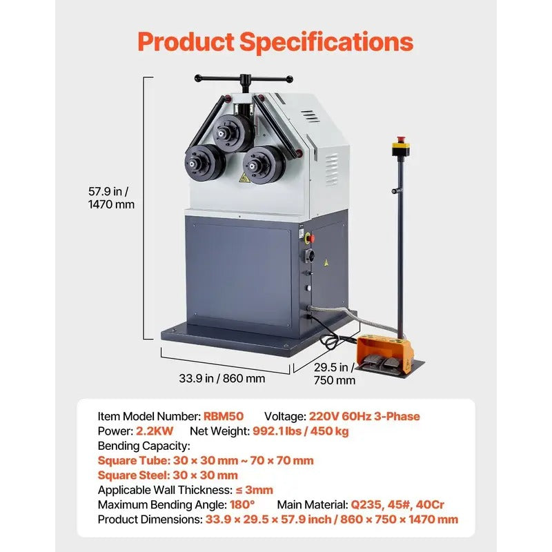 VEVOR 2.2KW Electric Roll Bending Machine 3-Roller Electric Pipe Tubing Bender Machine