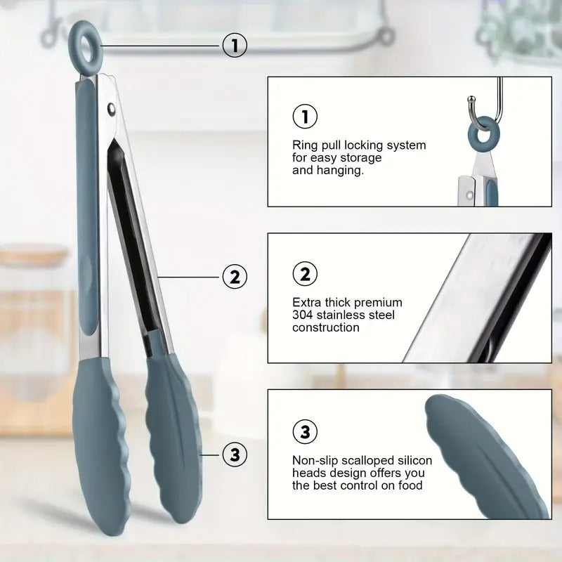 3pcs Premium Stainless Steel Locking Kitchen Clips with Silicone Tips, 3-7", 9" And 12" Set, Suitable for Barbecue, Outdoor Grilling, Barbecue Clips, Easily Pick Up Barbecue, Easy to Clean