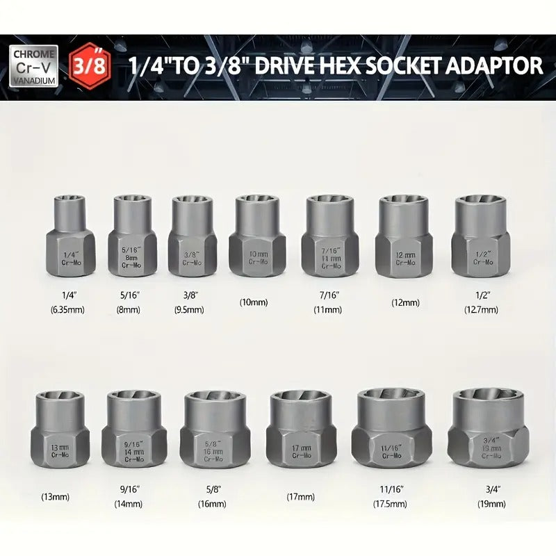 15pcs/Set Nut Extractor, 13pcs Bolt And Nut Remover, 1pc Iron Bar (If The Nut Is Still Stuck In The Sleeve When Removing It, Use It to Knock It Out), 1pc 1/4 '' to 3/8 "drive Hexagonal Socket Adapter