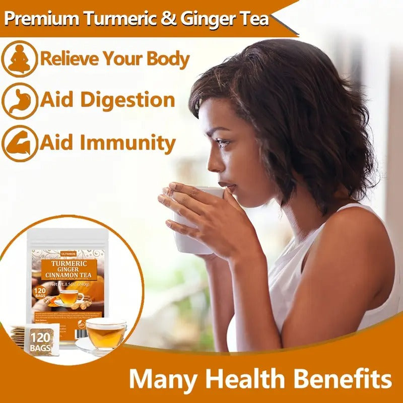 120 Premium Turmeric, Ginger, Cinnamon Mixed Tea Bags, 8.5oz (2gx120 Bags), Perfect for Afternoon Tea, No Additives, No Caffeine.Easter Gifts