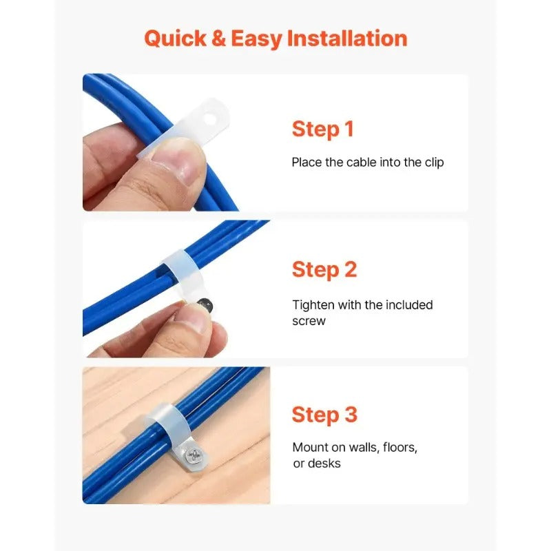 100-Pack Heavy-Duty RType Cable Clips - with Screw Hole for Secure Cable Management - Compatible with Electrical Outlets, Panels, Wiring Systems - Ideal for Home, Office, Industrial Use - Space-Saving Wire Clamps