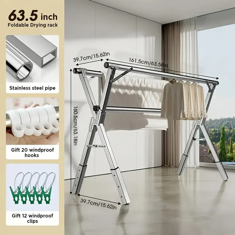 [Space-Saving Drying Rack] Foldable Adjustable Three Rod Metal Clothes Drying Rack | Space-Saving Storage for Indoor & Outdoor Use - Clothes, Blankets, Bedding, Mother's Day