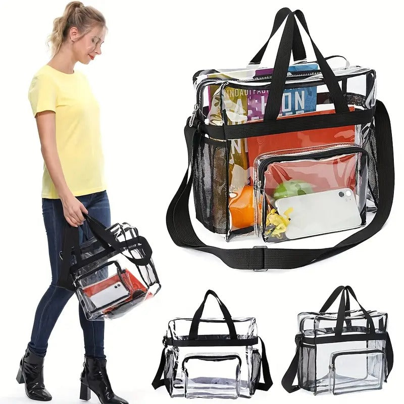 Sturdy Transparent PVC Tote Bag with Adjustable Shoulder Strap & Front Pockets - Large Capacity Heavy-Duty Design, Lightweight Durable for Travel, School,