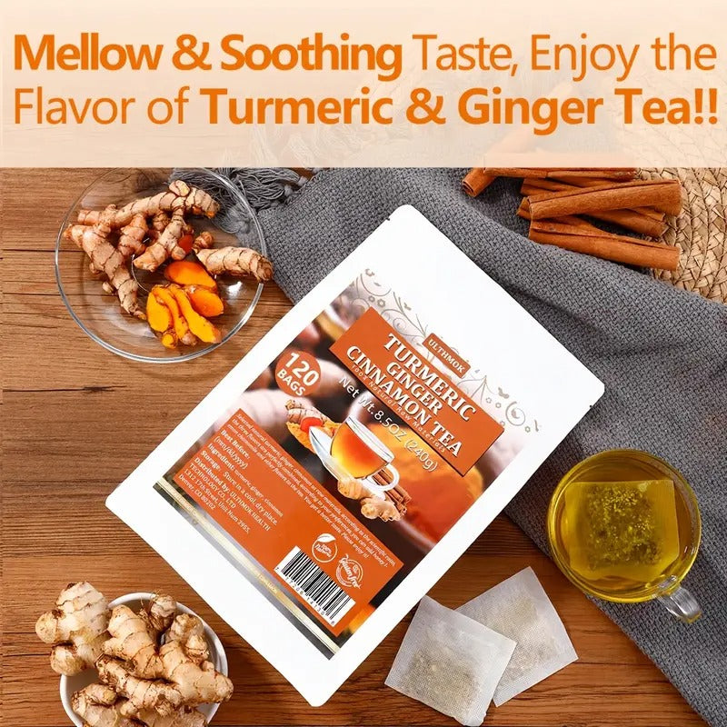 120 Premium Turmeric, Ginger, Cinnamon Mixed Tea Bags, 8.5oz (2gx120 Bags), Perfect for Afternoon Tea, No Additives, No Caffeine.Easter Gifts