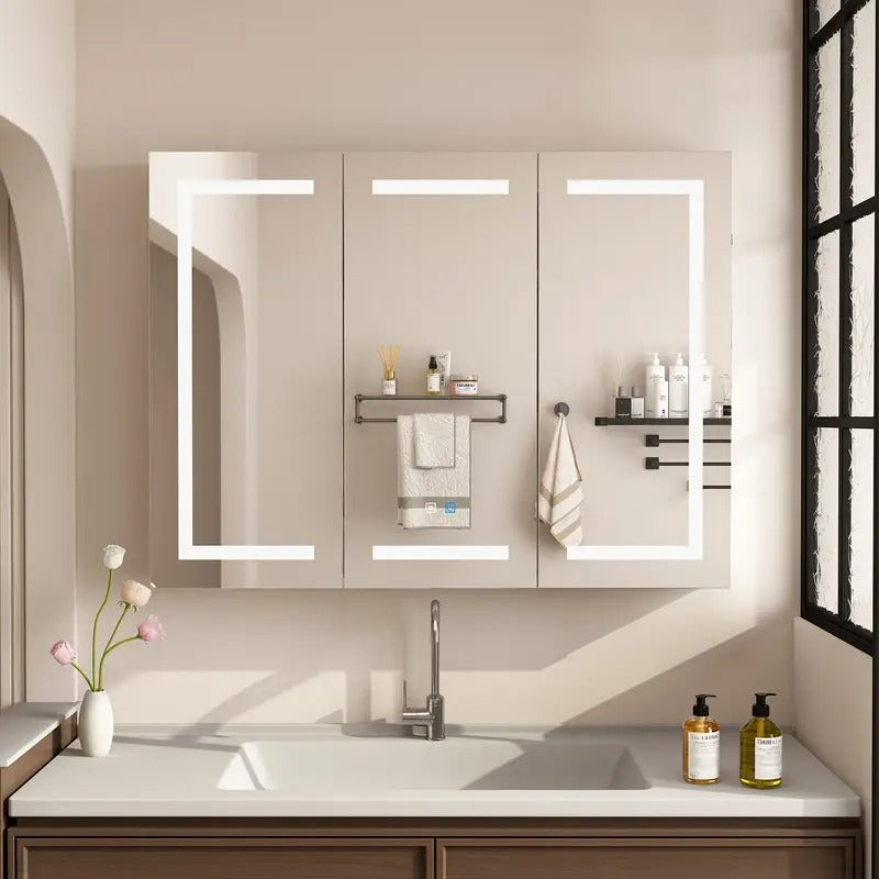 [Modern LED Bathroom Cabinet] Modern Adjustable LED Bathroom Medicine Cabinet with Anti-Fog Mirror | Wall-Mounted Storage, Two Doors, Adjustable Shelves, No Wiring Needed, Space-Saving Design