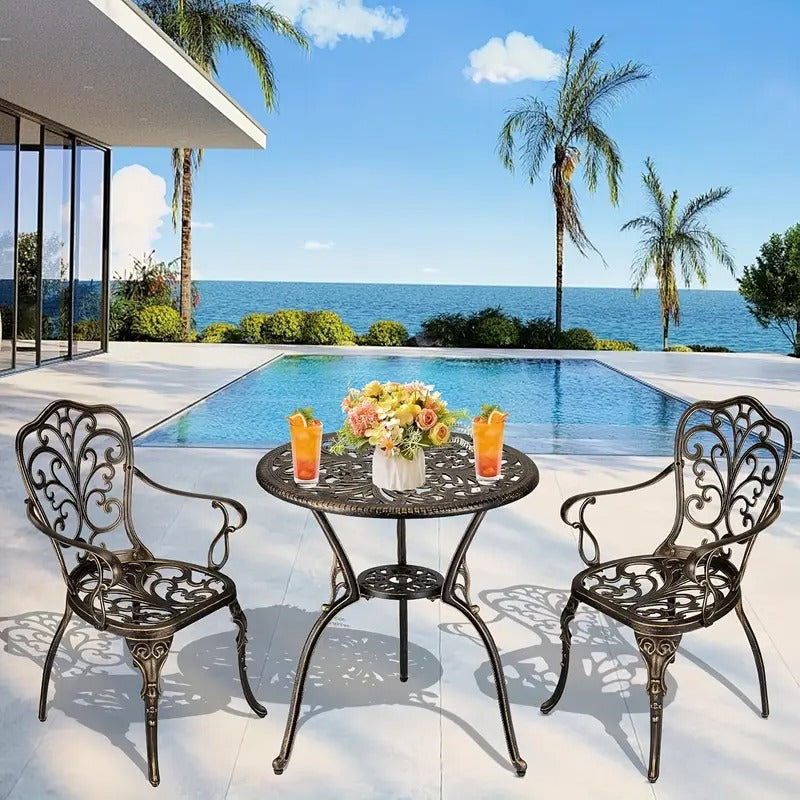 3pcs Bistro Set, Outdoor Bistro Table And Chairs Set Of 2, Rust-Resistant Cast Aluminum All Weather Patio Outdoor Bistro Set with Umbrella Hole for Backyard, Balcony, Front Porch