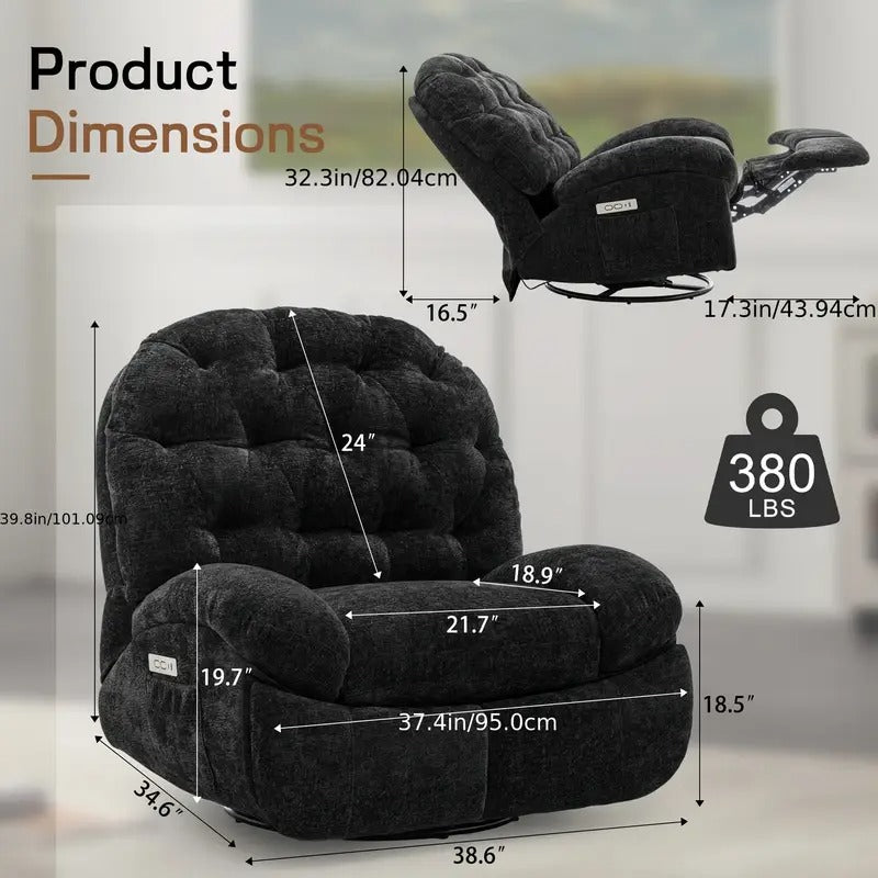 [Electric Recliner] Comfortable Oversized Swivel Recliner Chair | Adult Electric Recliner with USB Port and Side Pocket Storage, Large Chenille Recliner