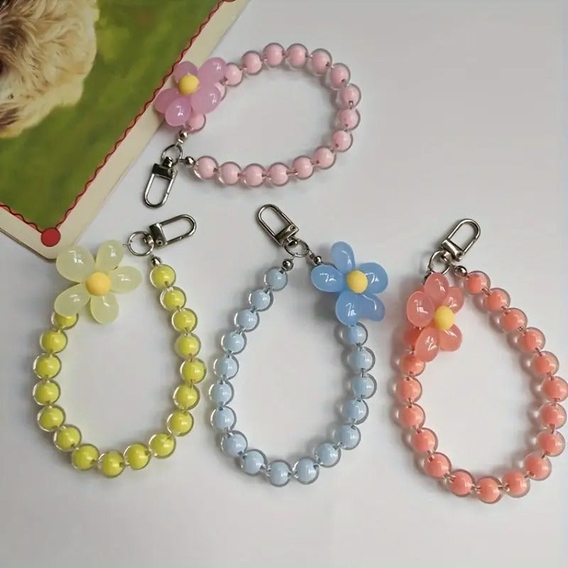 Five-piece Set Of Fashionable Macaron Color Bead Petal Mobile Phone Lanyard Style Handmade String Mobile Phone Chain Wristband