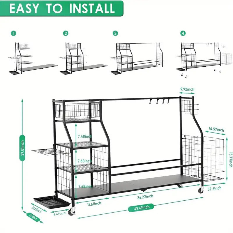 Golf Bag Storage Organizer, For 3 Golf Bags And Equipment Storage Rack With Wheels, Golf Bag Organizer With Side Storage For Golf Equipment Accessories