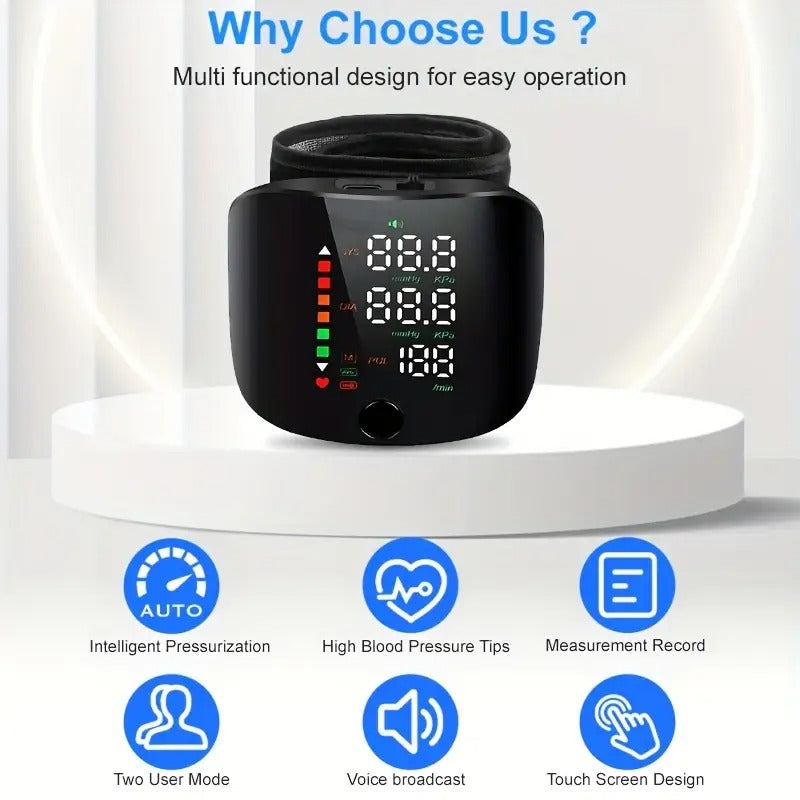 1pc MD1820 Wrist Blood Pressure Monitor with LCD Display, Adjustable Cuff, Pulse Rate Detection & Irregular Heartbeat Alarm - USB Rechargeable, Sound Playback - Home Health