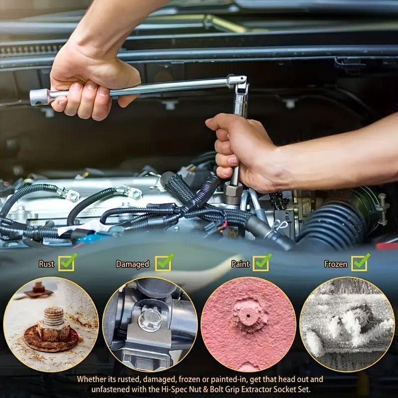 15pcs/Set Nut Extractor, 13pcs Bolt And Nut Remover, 1pc Iron Bar (If The Nut Is Still Stuck In The Sleeve When Removing It, Use It to Knock It Out), 1pc 1/4 '' to 3/8 "drive Hexagonal Socket Adapter