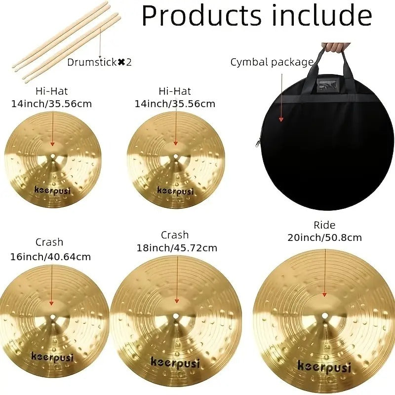 Keerpusi Cymbal Pack Alloy Cymbals Drum Cymbal Set 14"/16"/18"/20" Plus Free Cymbal Bag 5pcs Cymbals for Drum Set